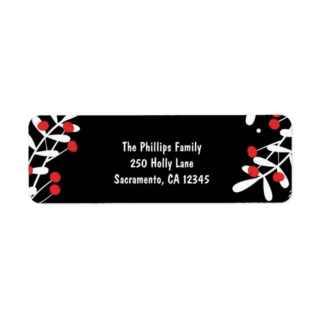 Red Berries & White Leaves Black Holiday Card Label (Front)
