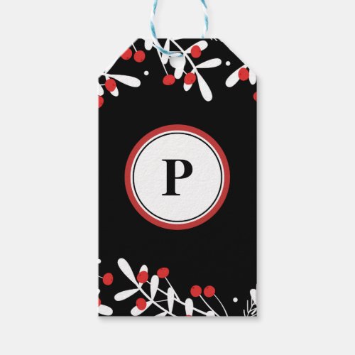 Red Berries  White Leaves Black Holiday Favor Gift Tags