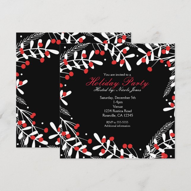 Red Berries & White Leaves Black Holiday Party Invitation (Front/Back)