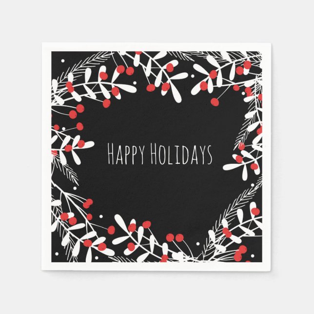 Red Berries & White Leaves Black Holiday Party Napkins (Front)
