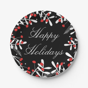 Red Berries & White Leaves Black Holiday Party Paper Plates