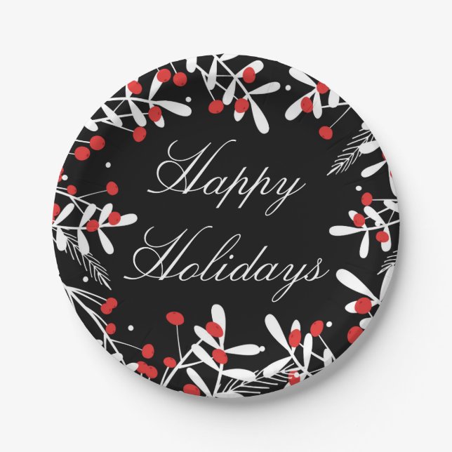 Red Berries & White Leaves Black Holiday Party Paper Plates (Front)
