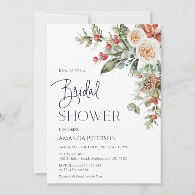 Red Berries Winter Floral Bridal Shower Invitation (Front)