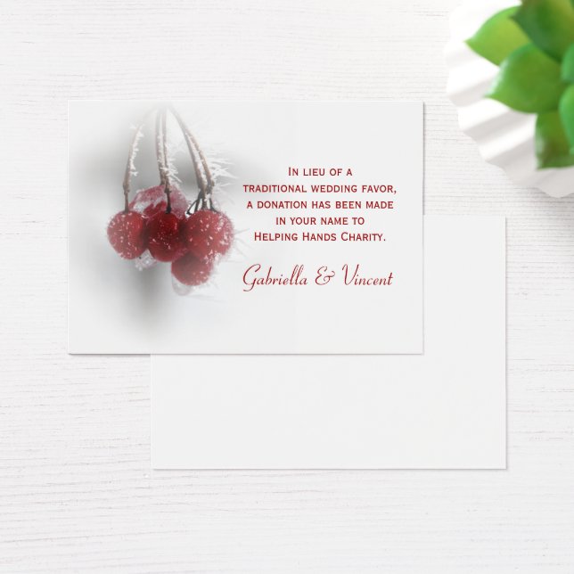 Red Berries Winter Wedding Charity Favor Card (Desk)
