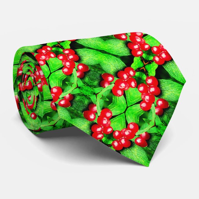 Red Berries With Raindrops Abstract Nature Pattern Neck Tie (Rolled)