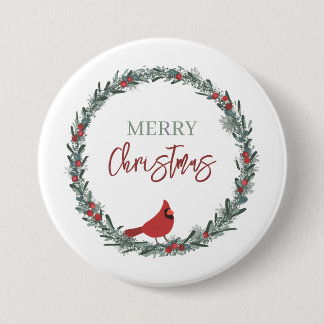 Red Berries Wreath and Red Cardinal Christmas Button