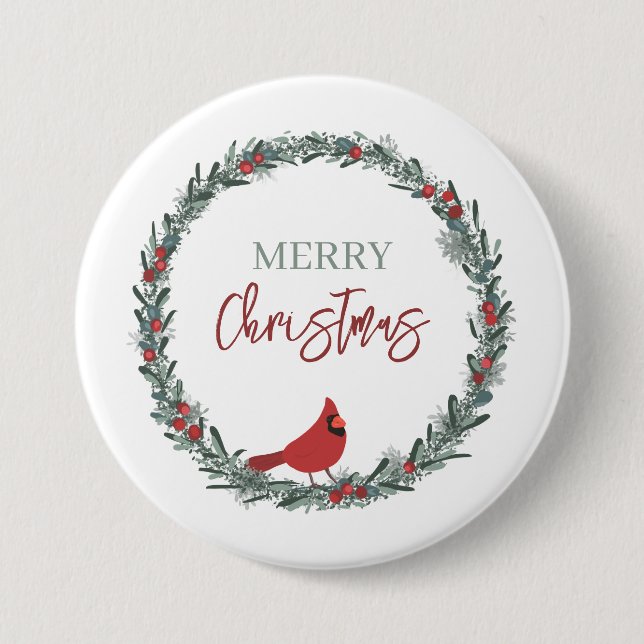 Red Berries Wreath and Red Cardinal Christmas  Button (Front)