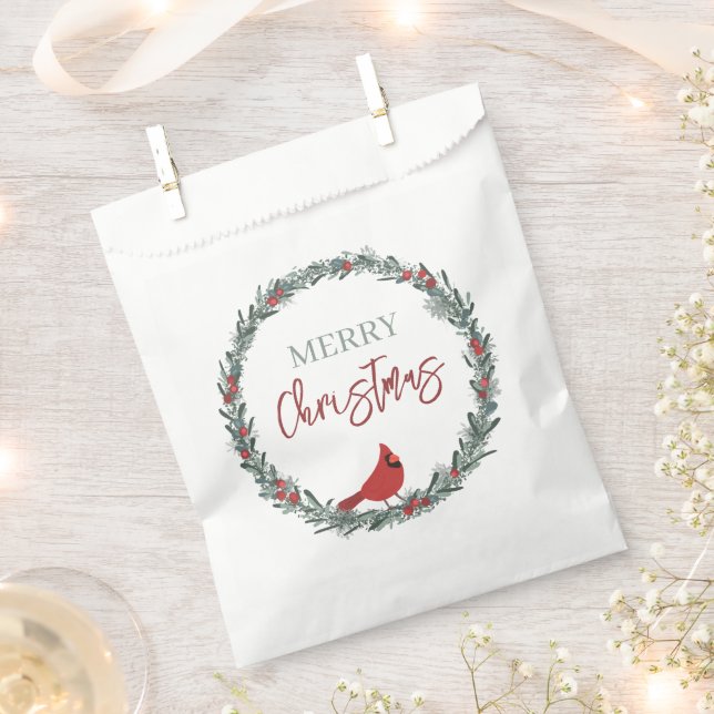 Red Berries Wreath and Red Cardinal Christmas  Favor Bag (Clipped)
