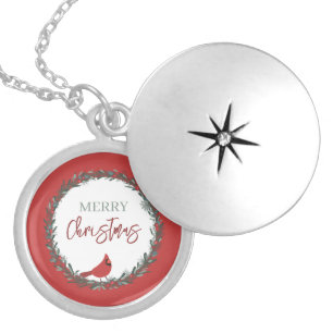 Red Berries Wreath and Red Cardinal Christmas Locket Necklace