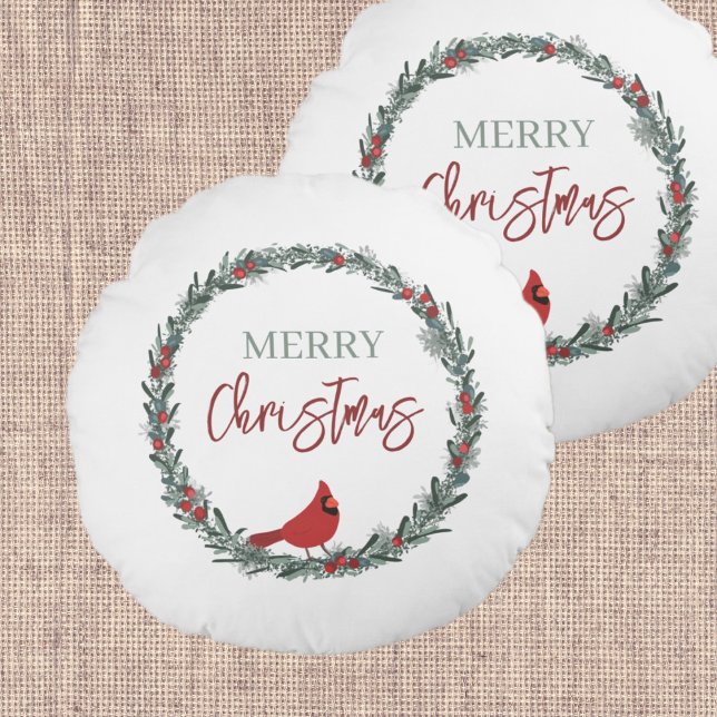 Red Berries Wreath and Red Cardinal Christmas  Round Pillow (Creator Uploaded)