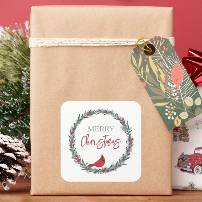 Red Berries Wreath and Red Cardinal Christmas  Square Sticker (Holiday)
