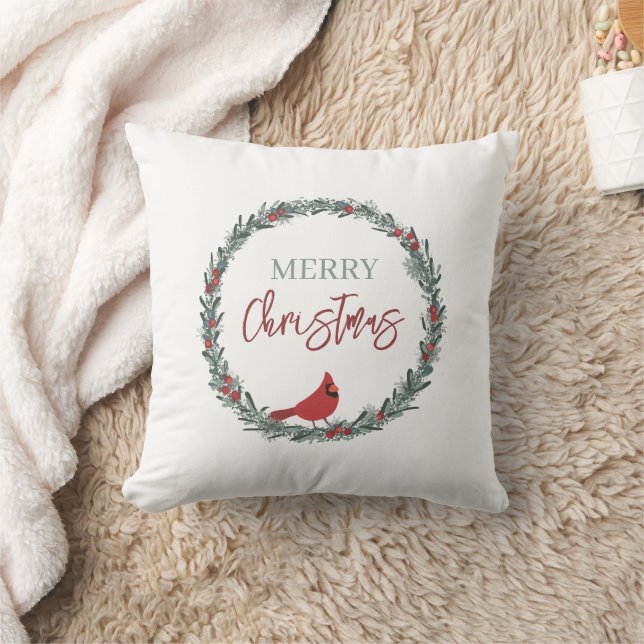 Red Berries Wreath and Red Cardinal Christmas  Throw Pillow (Blanket)