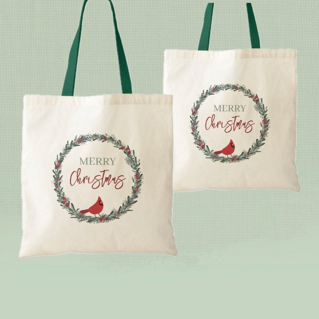 Red Berries Wreath and Red Cardinal Christmas  Tote Bag (Creator Uploaded)