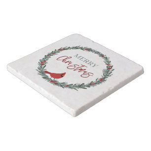 Red Berries Wreath and Red Cardinal Christmas Trivet