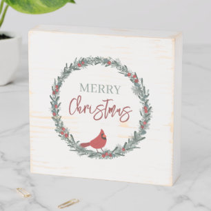 Red Berries Wreath and Red Cardinal Christmas Wooden Box Sign