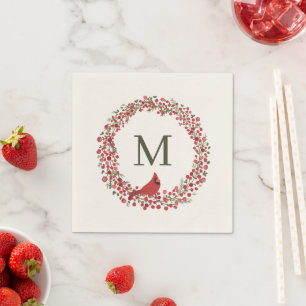 Red Berries Wreath and Red Cardinal Monogram Napkins