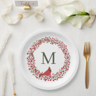Red Berries Wreath and Red Cardinal Monogram  Paper Plates