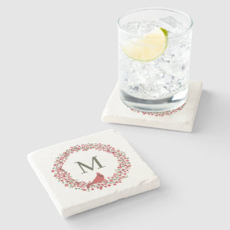 Red Berries Wreath and Red Cardinal Monogram  Stone Coaster