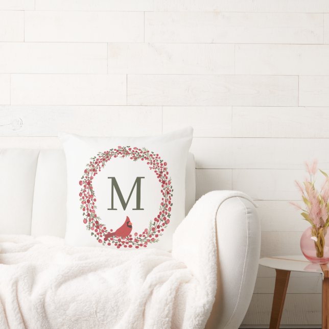 Red Berries Wreath and Red Cardinal Monogram  Throw Pillow (Couch)
