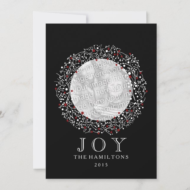 Red Berries Wreath + Black + White Christmas Holiday Card (Front)
