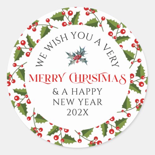 Red berries wreath  Merry Christmas typography Classic Round Sticker
