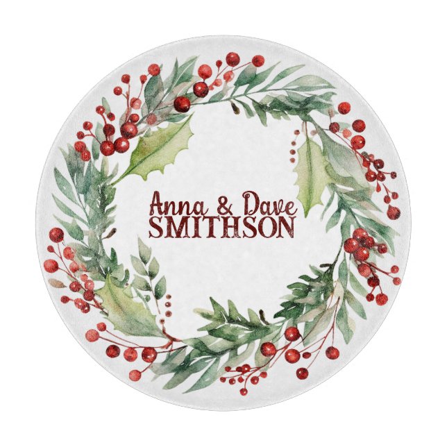 Red Berries Wreath Round Cutting Board (Front)