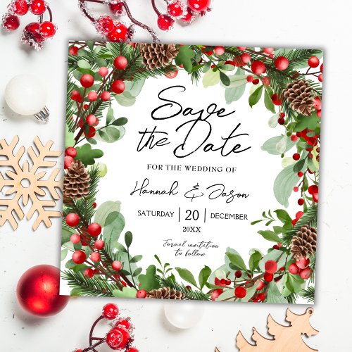 Red Berries Wreath  Winter Wedding Save The Date