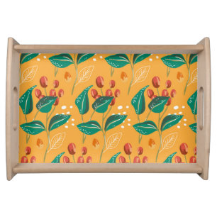 Red berry and green leaves on yellow pattern serving tray