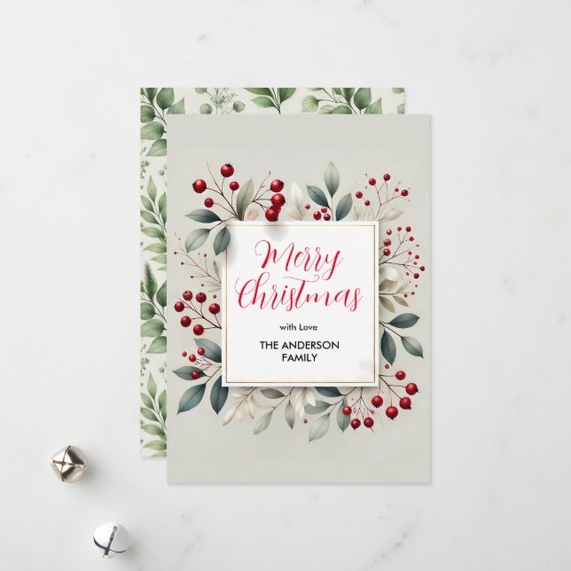 Red Berry and Greenery Foliage Christmas  Holiday Card (Front/Back In Situ)