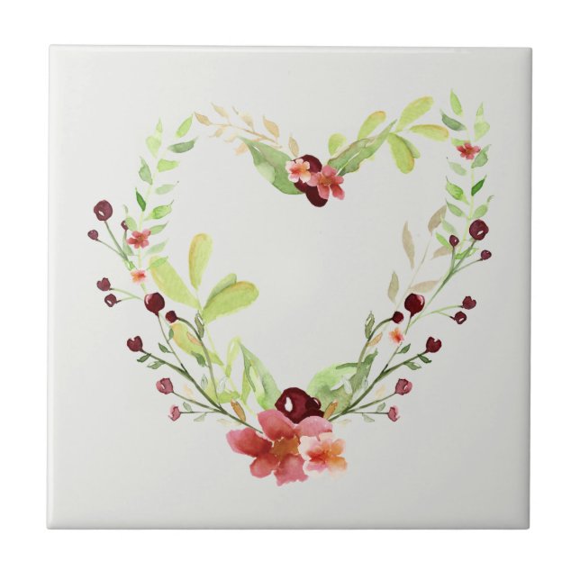Red Berry and Vine Heart Custom Color Ceramic Tile (Front)