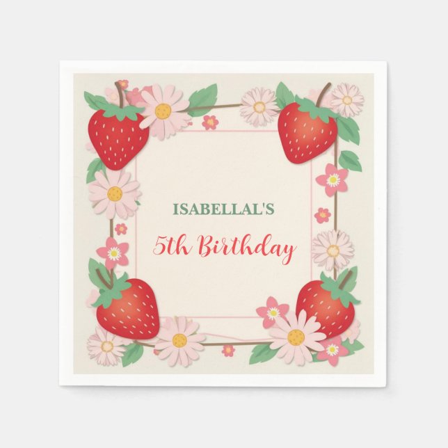 Red Berry Birthday Strawberry flower Girl Party Napkins (Front)
