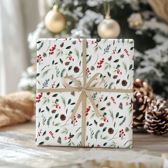 Red Berry Botanical Watercolor Christmas Pattern Wrapping Paper Sheets (Creator Uploaded)