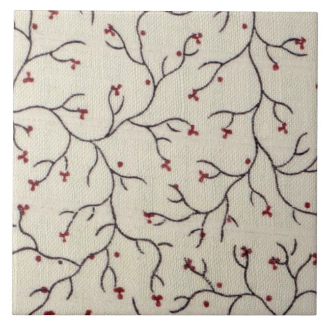 Red Berry Branch Botanical Nature Pattern Tile (Front)