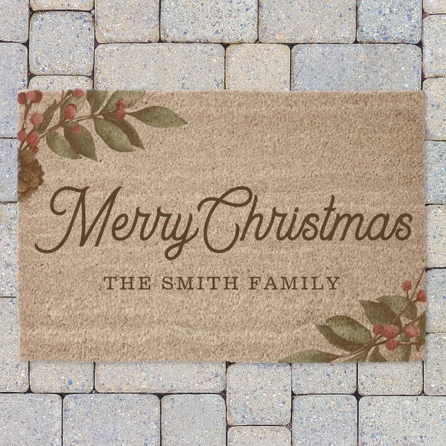 Red Berry Branch Family Name Christmas Fiber Doormat (Creator Uploaded)