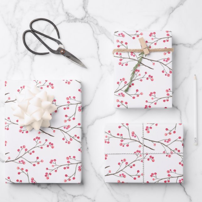 Red Berry Branch Winter Holiday Wrapping Paper Sheets (Front)