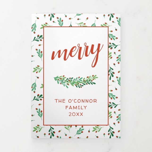 Red Berry Branches Merry Photo Tri-Fold Holiday Card (Cover)