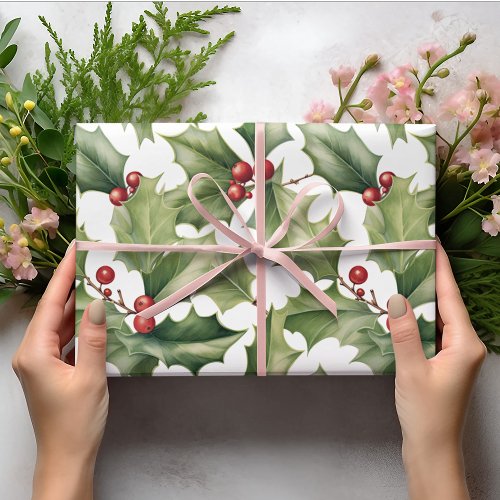 Red Berry Christmas Green Leaves Pattern Wrapping Paper