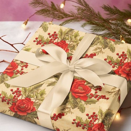 Red Berry Christmas Vintage Pattern Wrapping Paper