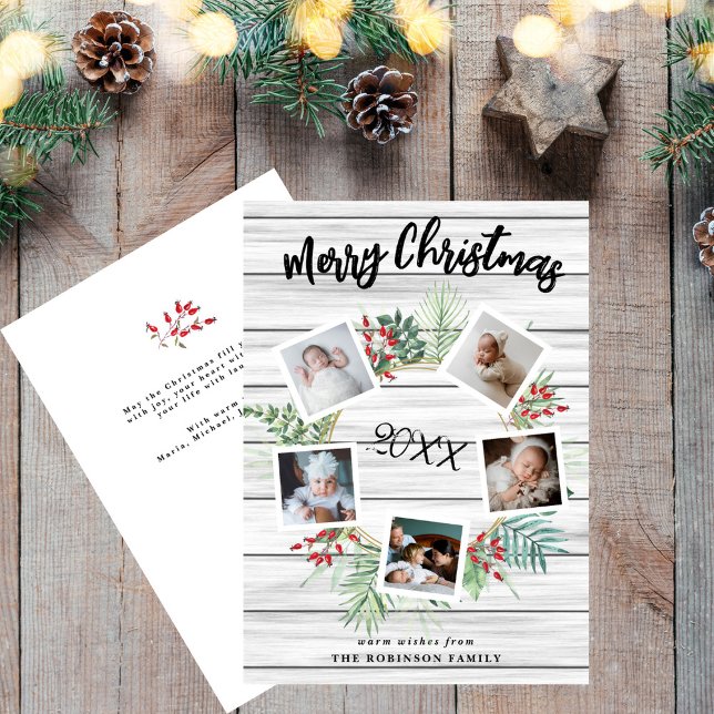 Red Berry Christmas Wreath 5 Photo Greeting Holiday Card (Creator Uploaded)