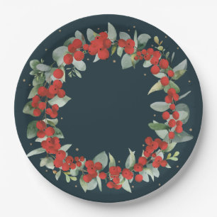 Red Berry Christmas Wreath Holiday Party Paper Plates