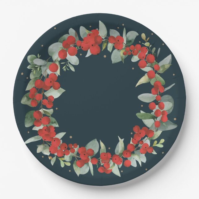 Red Berry Christmas Wreath Holiday Party Paper Plates (Front)