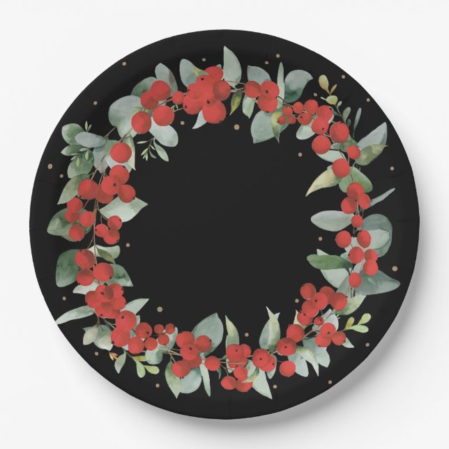 Red Berry Christmas Wreath Holiday Party Paper Plates (Front)