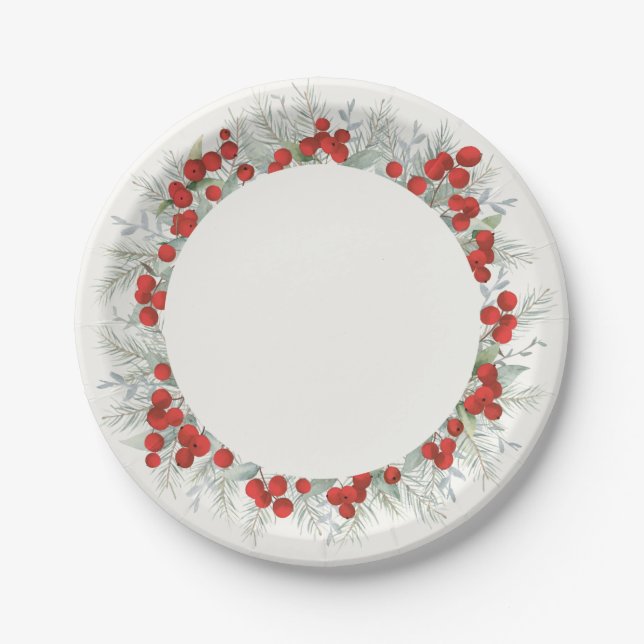 Red Berry Christmas Wreath Holiday Party Paper Plates (Front)