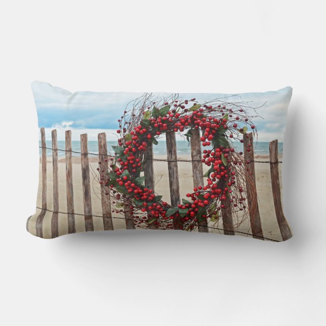 red berry Christmas wreath on fence Lumbar Pillow (Front)
