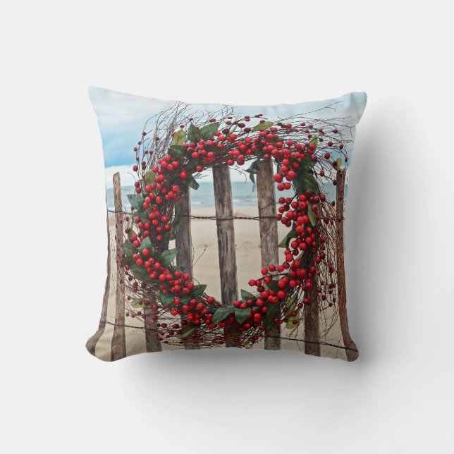 red berry Christmas wreath on fence Throw Pillow (Front)