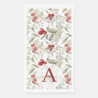 Red Berry Cranberry Branches Monogrammed Christmas