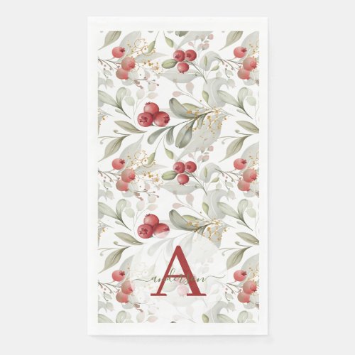 Red Berry Cranberry Branches Monogrammed Christmas Paper Guest Towels
