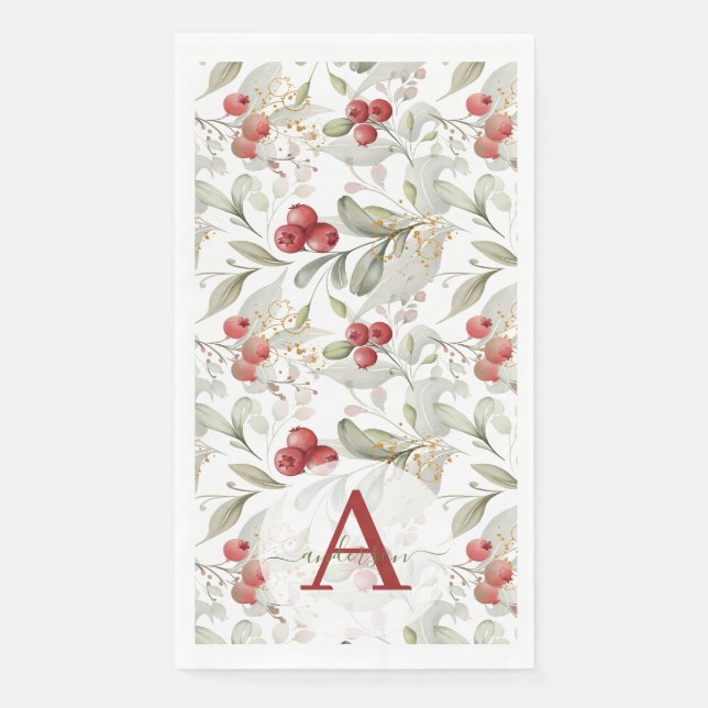 Red Berry Cranberry Branches Monogrammed Christmas Paper Guest Towels (Front)