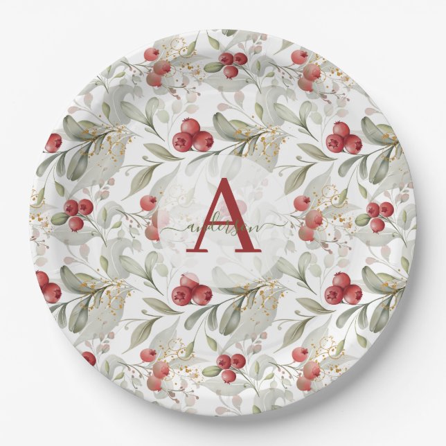 Red Berry Cranberry Branches Monogrammed Christmas Paper Plates (Front)
