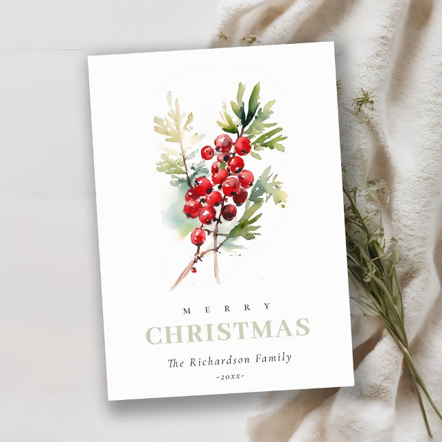 Red Berry Fir Winter Christmas Foliage Watercolor Holiday Card (Creator Uploaded)